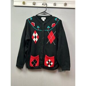 KORET Sweater Womens Small VTG Black Argyle House Embroidered Button Front